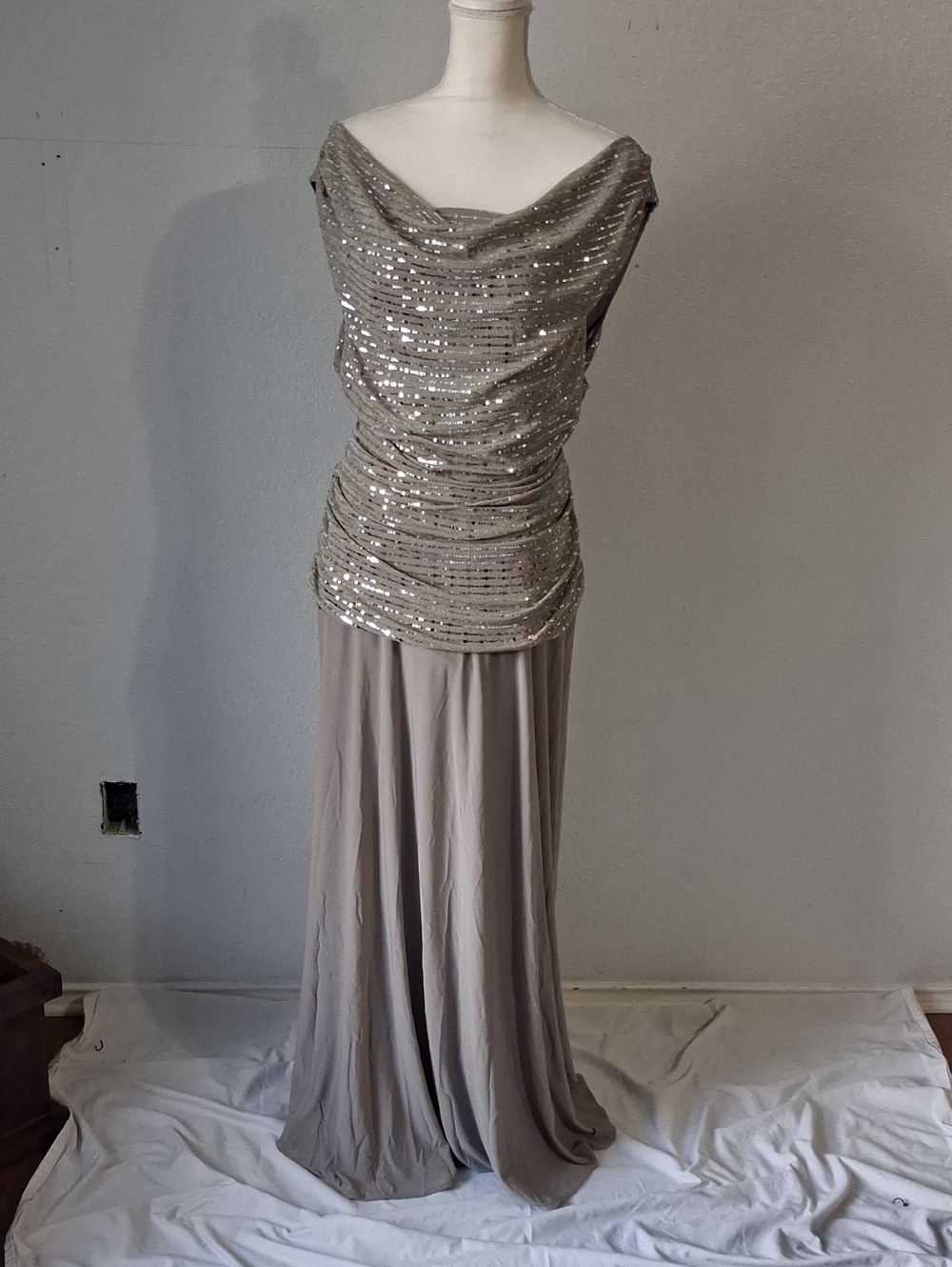 R&M Richards Stretchy Taupe Sequin Draped Maxi Dress